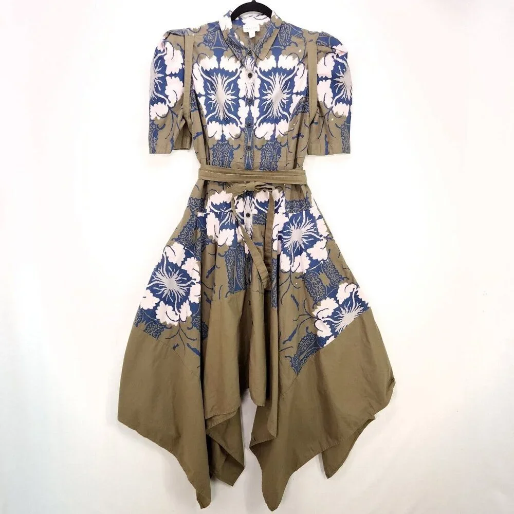 Making The Cut Tie Dress Handkerchief Hem Button Down Short Puff Sleeves Medium - Picture 2 of 15
